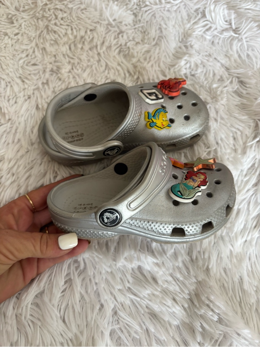 Kids crocs Silver Clog Shoes with Mermaid & Fish Charms